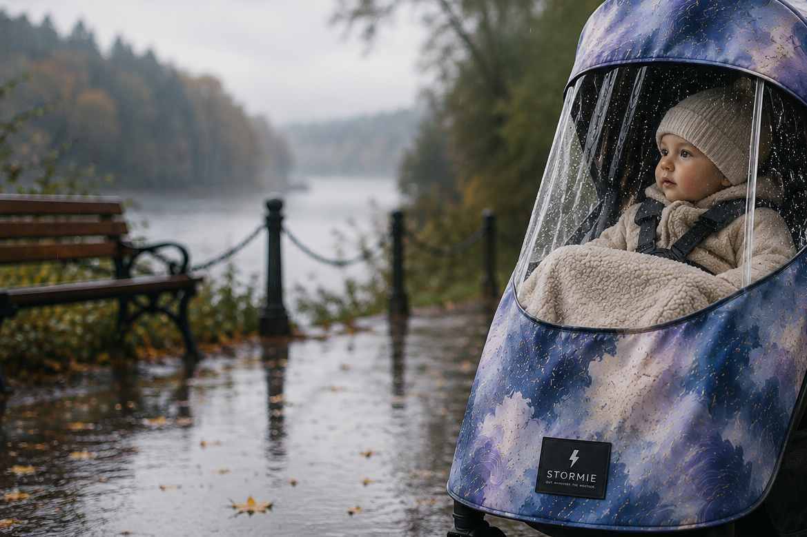Parent pushing a child in a stroller protected by a STORMIE weather cover on a rainy autumn walk.