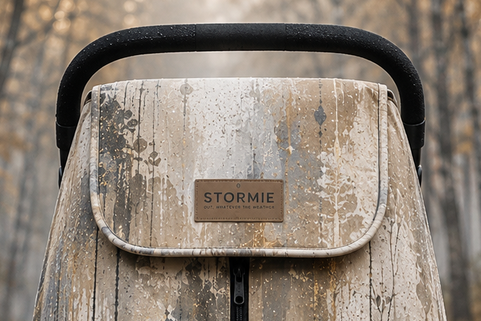 STORMIE Wandering Wood premium stroller rain cover fitted to a compact travel stroller in an autumn silver birch forest.